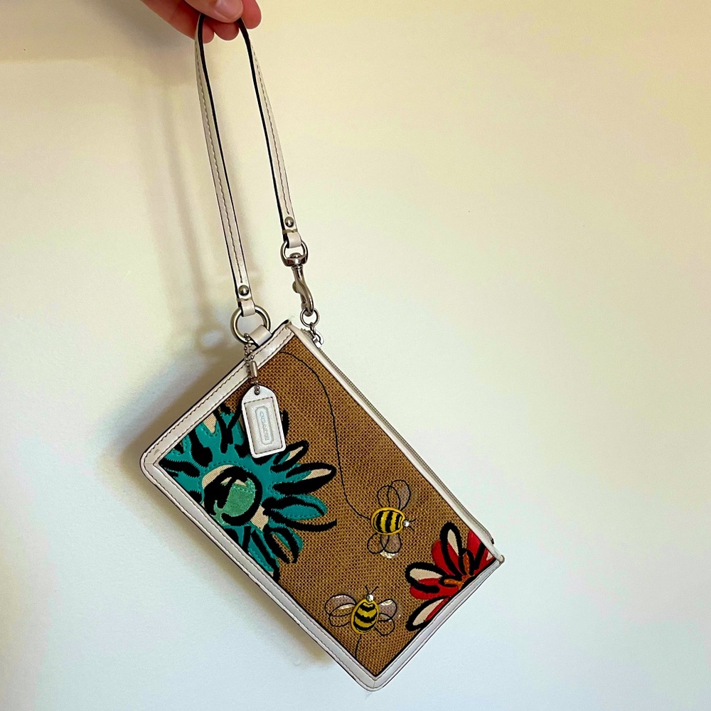 Coach Bumble Bee Floral Burlap Wristlet